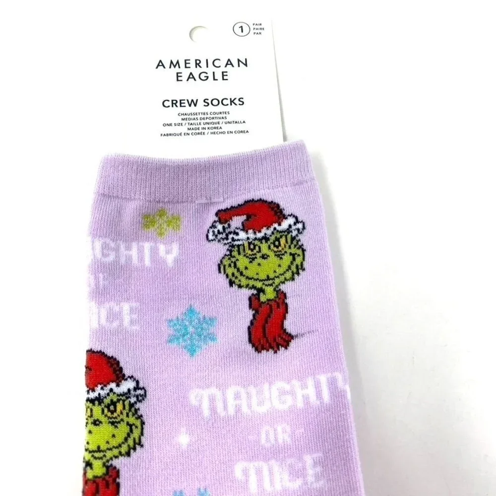 American Eagle Naughty Nice Grinch Crew Sock Lilac OS  B35